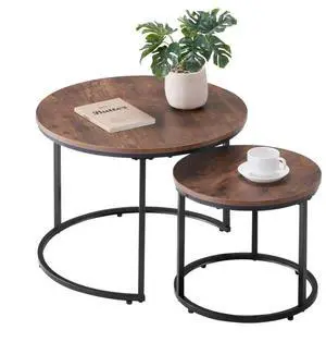 VEVOR Nesting Coffee Table Set of 2, 23.6 in Round Coffee Table, Nesting Tables for Small Place, End Side Tables Night Stand with Metal Frame, for Living Room, Bedroom, Office (Vintage Brown & Black)
