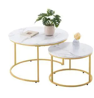 VEVOR Nesting Coffee Table Set of 2, 27.6 in Round Coffee Table, Nesting Tables for Small Place, Vintage End Side Tables Night Stand with Metal Frame, for Living Room, Bedroom, Office (White & Gold)