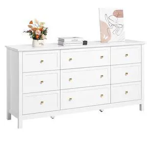 VEVOR 9 Drawer Dresser, Wooden Chest of Drawers with Sliding and Anti-tip Device, Retro Minimalist Dresser Chest, Closet Storage TV Stand Organizer for Living Room, Hallway, Bedroom, Entryway, White
