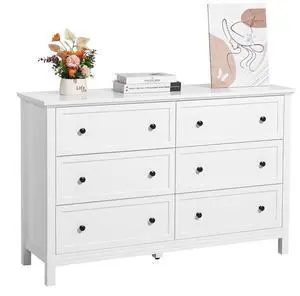 VEVOR 6 Drawer Dresser, Wooden Chest of Drawers with Sliding and Anti-tip Device, Retro Minimalist Dresser Chest, Closet Storage TV Stand Organizer for Living Room, Hallway, Bedroom, Entryway, White