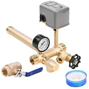 VEVOR 1" x 11" Well Pressure Tank Tee Kit, with 30/50PSI Switch, 8-Pieces Pure Brass Pressure Tank Installation Kit for Water Well, 1 in Gate Valve Included, Fit Most tanks with Diameter up to 16 in