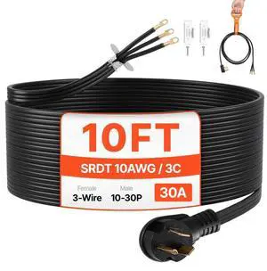 10 ft Dryer Power Cord 3-Prong NEMA 10-30P Dryer Cord w/ Eyelet Connectors