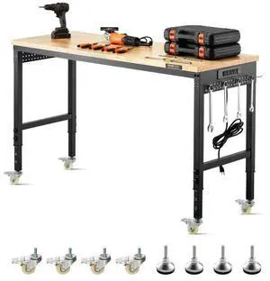 VEVOR 60" Workbench on Wheels Adjustable Height Table with Power Outlet & Pegboard