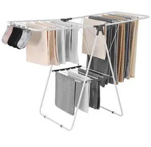 VEVOR Clothes Drying Rack, 2-Tier Foldable Laundry Dryer Rack with Sock Clips & 21 Drying Rods, Metal Height Adjustable Drying Racks for Outdoor & Indoor, Free-Standing & Space-Saving Hanger, White