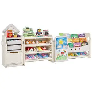 VEVOR Kids Toy Storage with Bookshelf, 4-Tier Large Toy Storage Organizer with 10 Plastic Movable Bins, Kids Cubby Cabinet with Bookshelf and Drawing Board for Study Room, Playroom, Classroom, Nursery