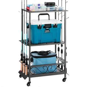 10 Pole Fishing Rod Holder Fishing Rack Cart Organizer with Wheels for Garage