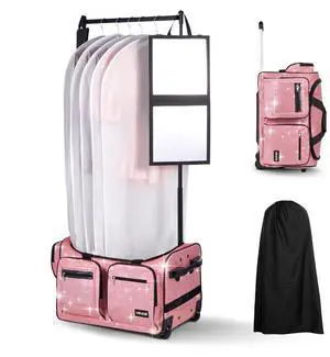 23 Inch Dance Bag with Garment Rack Rolling Duffle with Wheels for Travel Pink