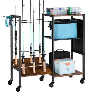 12 Pole Fishing Rod Holder Fishing Rack Cart Organizer with Wheels for Garage