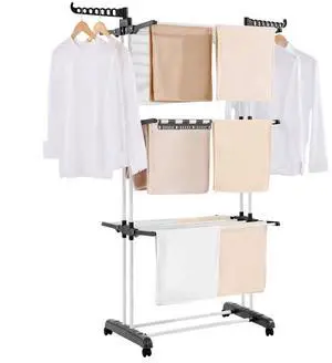 VEVOR Clothes Drying Rack, 4-Tier Foldable Laundry Dryer Rack, Metal Drying Racks with 24 Drying Rods, Free-Standing and Portable Hanger with 4 Castors and Two Side Wings for Outdoor & Indoor Use