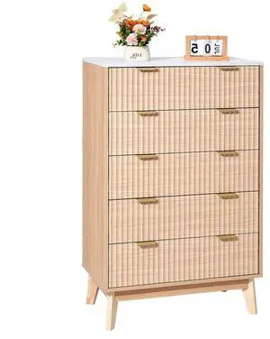 VEVOR 5 Fluted Drawer Dresser, Wooden Chest of Drawers with Sliding & Anti-tip Device, Modern Minimalist Dresser Chest, Closet Storage Organizer for Living Room, Hallway, Bedroom, Entryway, Light Wood
