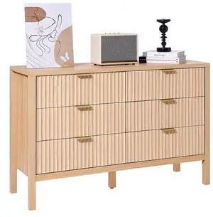 VEVOR 6 Fluted Drawer Dresser, Wooden Chest of Drawers with Sliding & Anti-tip Device, Modern Minimalist Dresser Chest, Closet Storage Organizer for Living Room, Hallway, Bedroom, Entryway, Light Wood