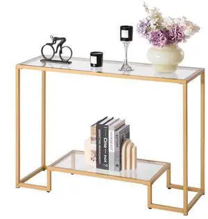 VEVOR 2-Tier Glass Console Table, Modern Rectangle Sofa Side Table with Tempered Glass Top and Iron Legs, Golden Consloe Desk with Anti-Tip Device for Living Room, Hallway, Entryway, Foyer, Golden
