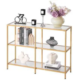 VEVOR 3-Tier Glass Console Table, Modern Rectangle Sofa Side Table with Tempered Glass Top and Iron Legs, Golden Consloe Desk with Anti-Tip Device for Living Room, Hallway, Entryway, Foyer, Golden