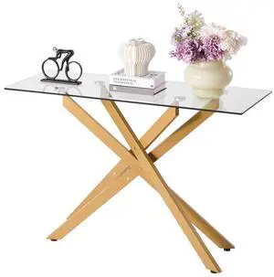 VEVOR Glass Coffee Table, Modern Rectangle Sofa Side Table with Tempered Glass Top & Iron Cross-Legs, Golden Geometric Consloe Desk with Adjustable Anti-slip Foot Pads for Living Room, Entryway, Foyer