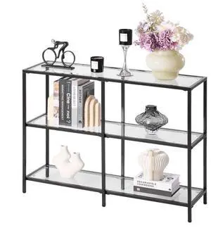 VEVOR 3-Tier Glass Console Table, Modern Rectangle Sofa Side Table with Tempered Glass Top and Iron Legs, Golden Consloe Desk with Anti-Tip Device for Living Room, Hallway, Entryway, Foyer, Black