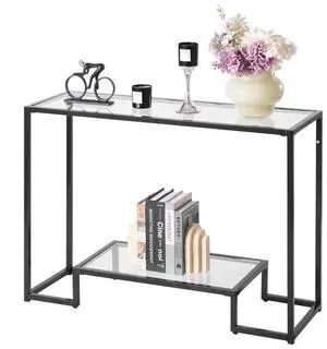 VEVOR 2-Tier Glass Console Table, Modern Rectangle Sofa Side Table with Tempered Glass Top and Iron Legs, Golden Consloe Desk with Anti-Tip Device for Living Room, Hallway, Entryway, Foyer, Black