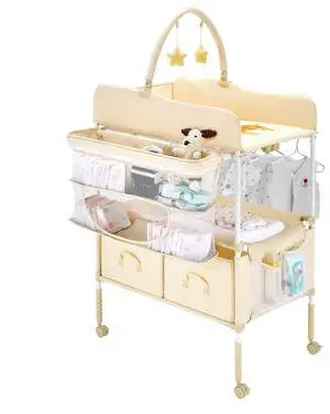VEVOR Baby Changing Table, Foldable Diaper Change Station with 2 Fabric Drawers, Side Basket & Hanging Rod, Adjustable Height Portable Changing Table with Lockable Wheels & 2 Star Toys, Light Beige