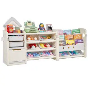 VEVOR Kids Toy Storage with Bookshelf, 4-Tier Toy Storage Organizer with 10 Movable Plastic Bins, Kids Cubby Cabinet with Bookshelf for Study Room, Bedroom, Playroom, Classroom, Nursery, Gray + Beige