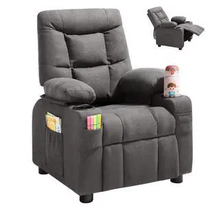 VEVOR Kids Reclining Chair, Toddler Recliner with Cup Holders and Pockets, 107° to 126° Adjustable Backrest, Breathable Polyester Fabric Recliner Couch with Footrest, for Boys & Girls, Children(Grey)