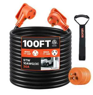 100 FT 30A RV Extension Cord STW 10AWG/3 Wire NEMA TT-30P NEMA TT-30R ETL Listed
