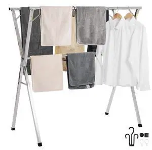VEVOR Clothes Drying Rack, 2-Tier Telescopic Laundry Dryer Rack, Stainless Steel Drying Racks with 30 Windproof Holes and 2 Shoe Hooks, Free-Standing and Portable Hanger for Outdoor & Indoor Use