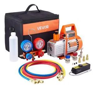 4 CFM 1/3 HP HVAC Single Stage Rotary Vane Vacuum Pump and Manifold Gauge Kit