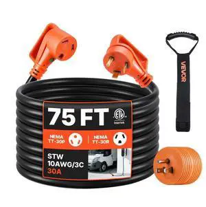 75 FT 30A RV Extension Cord STW 10AWG/3 Wire NEMA TT-30P NEMA TT-30R ETL Listed 75 FT 30A RV Extension Cord STW 10AWG/3 Wire NEMA TT-30P NEMA TT-30R ETL Listed