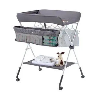 Foldable Baby Changing Diaper Station with Side Basket & Wheels Dark Gray