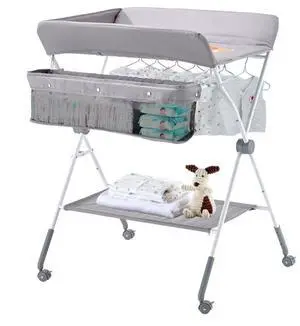 Foldable Baby Changing Diaper Station with Side Basket & Wheels Light Gray