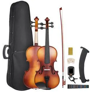 Violin 4/4 Full Size Fiddle Set Solidwood for Beginners Matte Brown