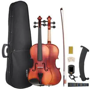 Violin 4/4 Size Fiddle Set Solidwood for Beginners Matte Brown Patterned