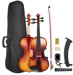 Violin 4/4 Full Size Fiddle Set Solidwood for Beginners Glossy Brown