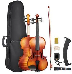 Violin 4/4 Size Fiddle Set Solidwood for Beginners Glossy Brown Patterned