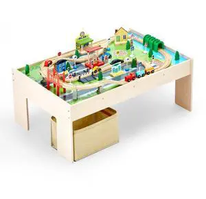 Train Table 84 Pieces Wooden Kids Activity Table with Collapsible Storage Bin