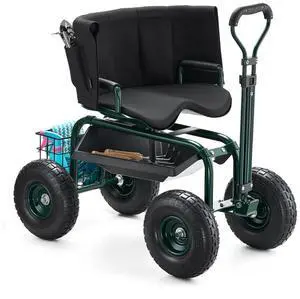 Rolling Garden Cart with Swivel Seat Backrest Toolbox Wheel Extendable Handle