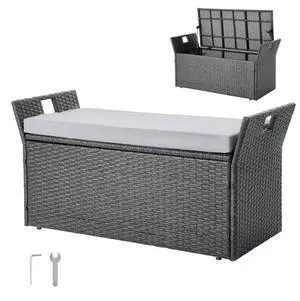 Outdoor Storage Bench PE Rattan 40Gal Deck Box Waterproof Outdoor Seat & Storage