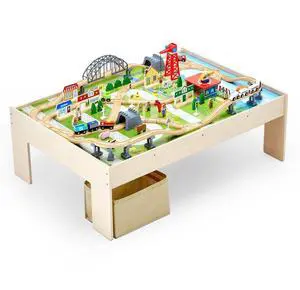 Train Table 120 Pieces Wooden Kids Activity Table with Collapsible Storage Bin