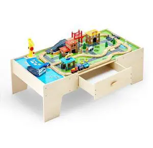 Train Table 62 Pieces Wooden Kids Activity Table with Large Storage Drawer
