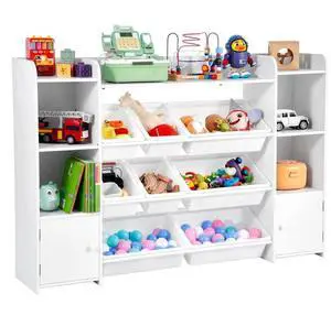 VEVOR Kids Toy Storage and Bookshelf, 4-Tier Large Toy Storage Organizer with 8 Flexible Plastic Bins, Kids Cubby Cabinet with Bookshelf for Study Room, Bedroom, Playroom, Classroom, Nursery, White