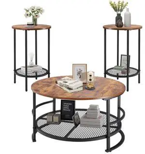 VEVOR 3 Pieces Round Coffee Table Sets, 31.5 in Industrial Living Room Table with 2 End Side Tables, Easy Assembly Coffee and End Tables Sets with Metal Legs, for Office, Living Room and Apartment