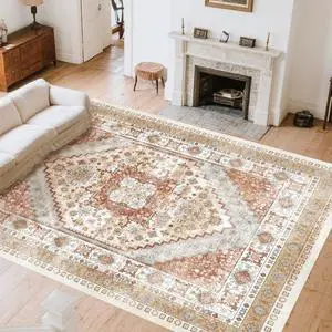 Large Area Rug 8 x 10 ft Anti-Skid Tear-Resistant Floor Mat Vintage Brown Red