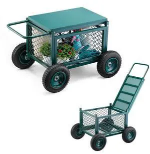 Rolling Garden Seat with Wheel 400LB Heavy Duty Metal Garden Cart with Storage