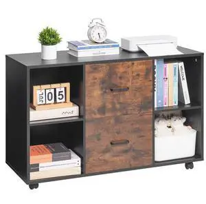 VEVOR 2 Drawer Wooden File Cabinet, Mobile Filing Cabinet with Open Shelves, Lateral Rolling File Storage with Lockable Wheels, Modern Free Standing Printer Stand for Home, Office, School, Black