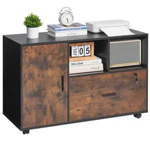 VEVOR Wood File Cabinet, Mobile Filing Cabinet with Open Shelves, Lockable Lateral Rolling File Storage with Adjustable Shelves, Free Standing Printer Stand for Home, Office, School, Rustic Brown