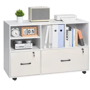 VEVOR 2 Drawer Wooden File Cabinet, Mobile Filing Cabinet with Open Shelves, Lockable Lateral Rolling File Storage with Adjustable Shelves, Free Standing Printer Stand for Home Office School, White