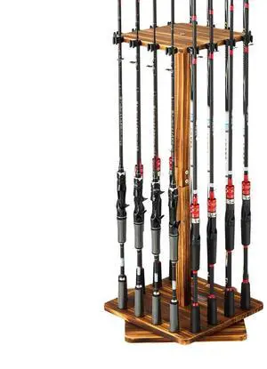 16 Pole Fishing Rod Holder Wood Fishing Rack for Garage 360° Rotate Floor Stand