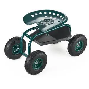 Outdoor Rolling Garden Cart with Swivel Seat All-Terrain Wheels Tool Tray 300lbs