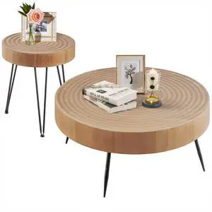 VEVOR 2 Pieces Round Coffee Tables Sets, 31.3 in Industrial Living Room Table with 1 End Side Table, Easy Assembly Coffee and End Tables Sets with Metal Legs, for Office, Living Room and Apartment