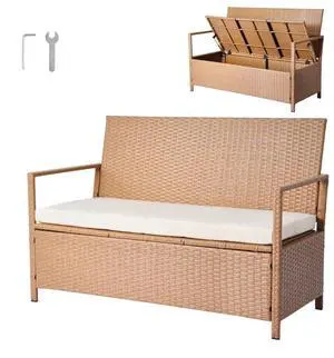 Outdoor Storage Bench PE Rattan 70Gal Deck Box Waterproof Outdoor Seat & Storage