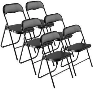 6 Pack Folding Chairs Portable Leather Chairs with Padded Cushion Black
